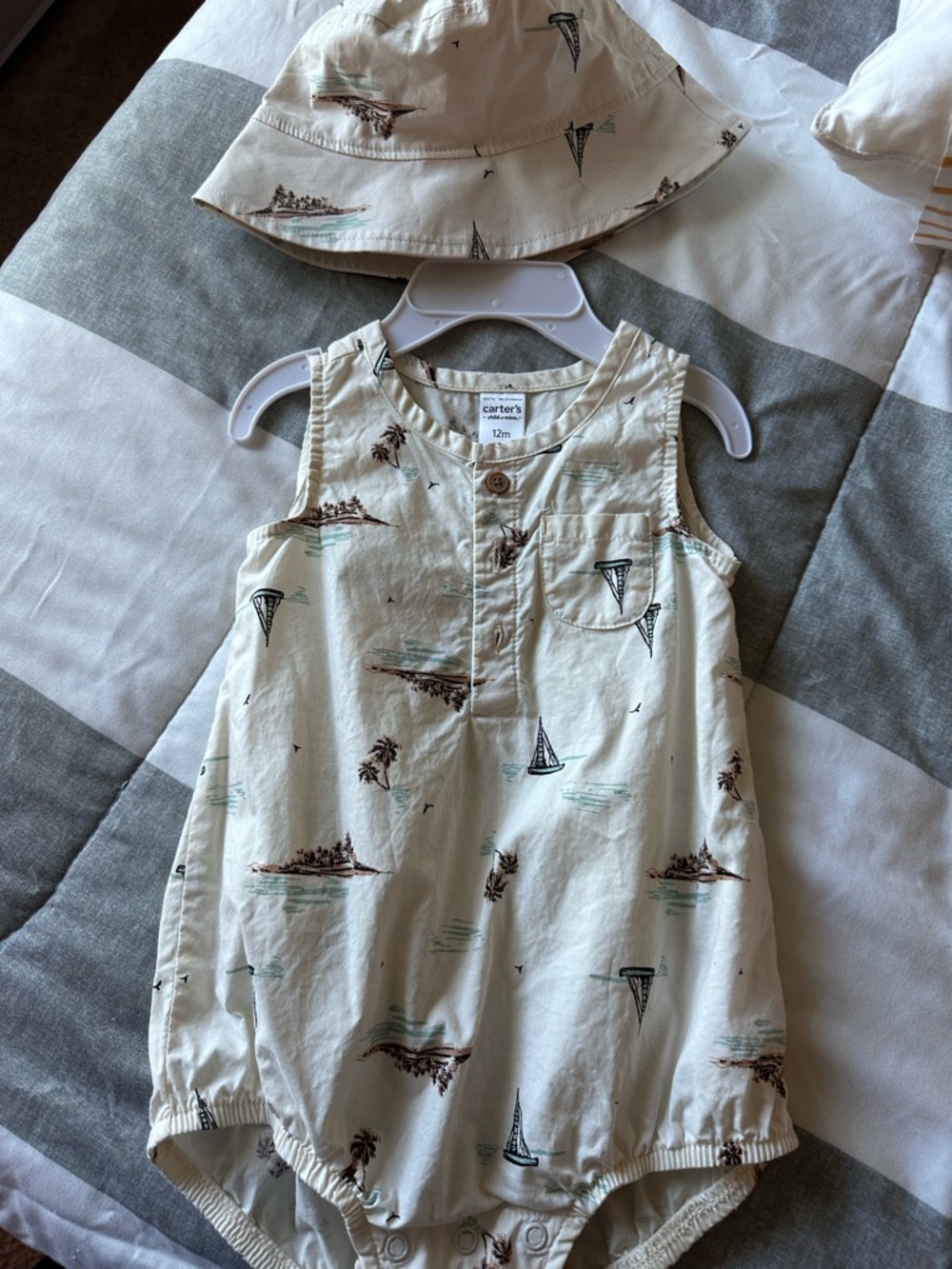 Carter's Cream Nautical Print Romper and Hat Set